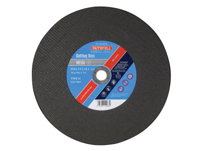 Faithfull Metal Cut Off Disc 355 x 3.5 x 25.4mm - Metal Cutting Discs are manufactured using Aluminium Oxide abrasive grit with fibreglass reinforcing and are resin bonded to provide both safety and optimum cutting performance