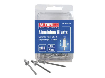 Faithfull Aluminium Rivets 4 x 7mm Short Pre-Pack of 100 - Rivets are generally acknowledged as the most versatile fastening method available with the benefits of secure fixing from one side