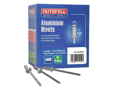 Faithfull Aluminium Rivets 4.8 x 11mm Medium Bulk Pack of 500 - Rivets are generally acknowledged as the most versatile fastening method available with the benefits of secure fixing from one side