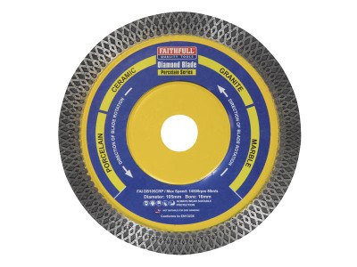 Faithfull Porcelain Diamond Blade 105 x 16mm - The Faithfull Porcelain Series Diamond Blades are ideal for cutting ceramic, porcelain, granite, porcelain based paving and marble