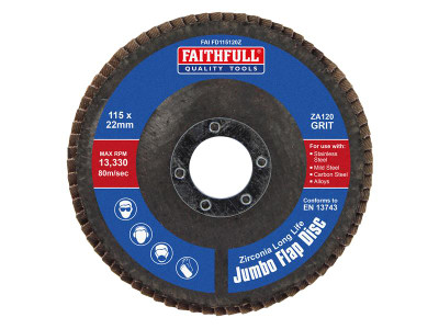 Faithfull Zirconia Abrasive Jumbo Flap Disc ZA120 115mm - Faithfull Zirconia Abrasive Jumbo Flap Discs are designed for use on angle grinders