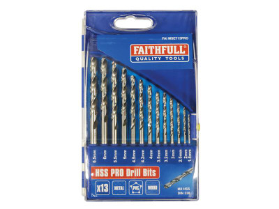 Faithfull Professional HSS Jobber Drill Bit Set, 13 Piece (1.5 - 6.5mm) - The Faithfull Professional Metric Fully Ground HSS Twist Drill Bit Sets are manufactured from high quality M2 grade tool steel, to meet the requirements of the DIN 338 standard