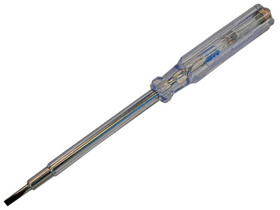Faithfull Mains Tester 190 x 3.4mm 100-250 Volt - This Faithfull Mains Tester Screwdriver is fitted with a neon indicator in the clear plastic handle which illuminates when the point of the tester is touched on a live voltage source