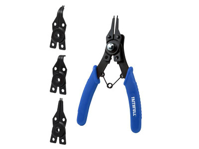 Faithfull Circlip Pliers Set, 5 Piece - A combination of internal and external 5 piece Circlip Plier Set based on a circlip plier and 4 interchangeable heads with an effective range from 10 mm up to 50 mm