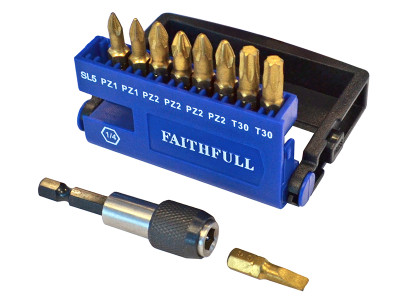 Faithfull Diamond Bit Set S2 Torsion, 10 Piece - This Faithfull Diamond Bit Set contains the six most popular 1/4in drive hex screwdriver bits and a quick release magnetic bit holder