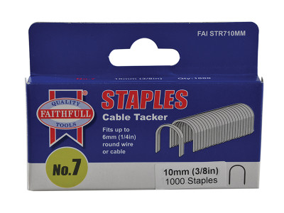 Faithfull Staples Round Crown Size 7 10mm (Pack 1000) - Number 7 steel round crown (cable tacker) staples in packs of 1,000