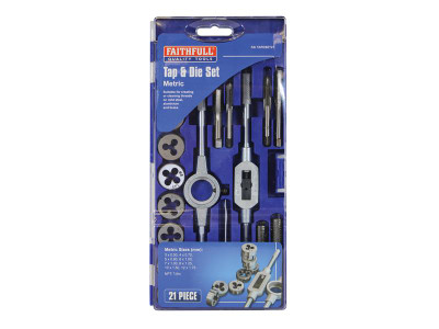 Faithfull Metric Tap & Die Set of 21 Carbon Steel - Manufactured from high quality C45 carbon steel, this Faithfull tap and die set is suitable for cleaning and cutting threads in mild steel, aluminium and brass