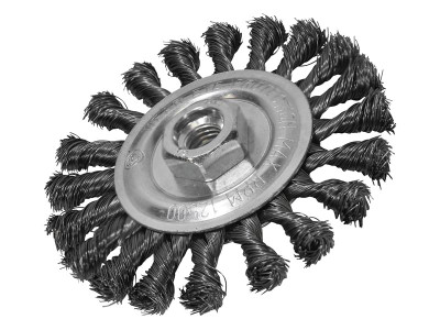 Faithfull Circular Wire Brush 115 x 12mm M14x2 Bore, 0.35mm Wire - A flat twist knot high tensile steel wire circular brush compatible with 115 mm (4 1/2in) angle grinders with a M14 x 2 mount