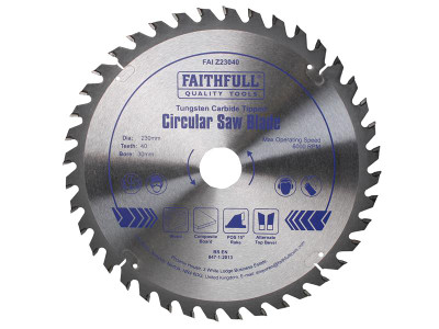 Faithfull TCT Circular Saw Blade 230 x 30mm x 40T POS - Faithfull Professional TCT Circular Saw Blade with 7mm Tungsten Carbide Tipped teeth to ensure a long working life and accuracy of cut