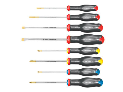 Facom Protwist® Screwdriver Set, 8 Piece - The Facom Protwist&reg; Screwdriver has a gold coloured zinc coating, offering 100% more tip life
