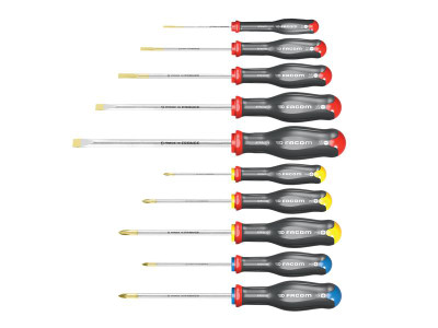 Facom Protwist® Screwdriver Set, 10 Piece - The Facom Protwist&reg; Screwdriver has a gold coloured zinc coating, offering 100% more tip life