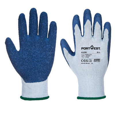 A100 Grip Glove - Latex - Grey/Blue - Premium quality latex palm dipped 10 gauge glove which provides good tear and abrasion resistance, for secure handling in both wet and dry conditions