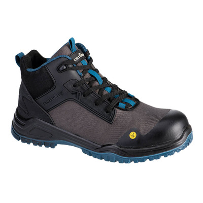 FE01 Bevel Composite Mid Boot S3S ESD SR FO Black/Teal - Features: •  • Composite toe cap • Pierce resistant composite midsole • Suitable for use in ESD environments • Dual density sole unit • Water resistant upper to prevent water penetration • Anti-stat