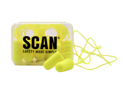 Scan Foam Earplugs & Cord (6 Pairs) - Scan Tapered Foam Earplugs made from soft energy absorbing polymer foam, which compresses and then expands for a perfect fit in the ear canal with the benefit of attached cords to avoid dropping or loss and are vis