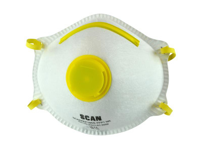 Scan Moulded Disposable Mask Valved FFP1 Protection (Box 10) - Scan Premier Valved Disposable Masks with an exhalation valve to make breathing easier and an adjustable nose clip with soft foam nosepiece giving a custom fitting