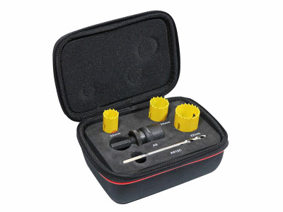 Starrett KFC03051 Kwik-Change Electrician's Holesaw Kit, 8 Piece - The Starrett KFC03051 Kwik-Change Electrician's Holesaw Kitcontains a selection of sizes to cover a variety of different jobs