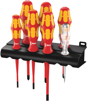 Wera 160 iS/7 Rack Screwdriver set Kraftform Plus Series 100, single-pole phase tester and rack. With reduced blade diameter - 7-piece screwdriver set with reduced shaft diameter and integrated insulation protection so that even low-lying screw and spr Wera 160 iS/7 Rack Screwdriver set Kraftform Plus Series 100, single-pole phase tester and rack. With reduced blade diameter - 7-piece screwdriver set with reduced shaft diameter and integrated insulation protection so that even low-lying screw and spr