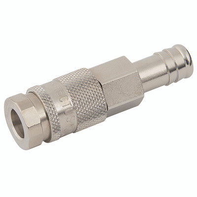 08MM HOSE TAIL COUPLING BRASS NICKEL - Pneumatic Quick Release, Series 95/96KS, Push-in, Coupling, Hose Tail, To Suit Hose Inside Diameter 8mm (5/16"), Valved, Brass Nickel Plated, Nitrile Seal, Working Temperature -20Â°C to +100Â°C, Maximum Working Press