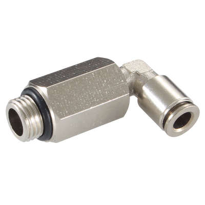 3/8" X 08MM OD BSPP MALE STUD EXT ELBOW - 3/8" BSP Parallel Male x 8mm Outside Diameter, Pneumatic One Touch All Metal Push-in Metric Tube Fitting, Extended, 90Â° Stud Swivel Elbow, Brass Nickel Plated, Working Temperature -10Â°C to +60Â°C, Maximum Workin