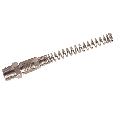 8 x 12mm x 3/8" SWL BR/NP FIT CW - 3/8" BSP Tapered Male, Brass Nickel Plated Spring Guard, Recoil Fitting, to Suit 8mm Inside Diameter x 12mm Outside Diameter PU Tube, Brass, Kelm
