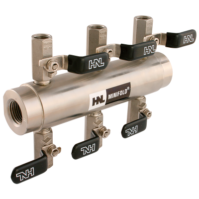 3/4"NPT IN X 6 WAY 1/2" NPT OUT ST.ST - 1 x 3/4" NPT Female Inlet x 6 x 1/2" NPT Female Outlets, Manifold, 4, 6 and 10 Way Minifold, Stainless Steel, Maximum Working Temperature +150Â°C, Maximum Working Pressure 25 bar, HNL