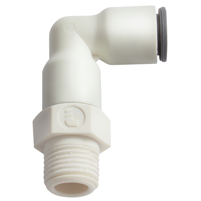 12MM 3/8 BSPT MALE LIQUIFIT STUD ELBOW - 3/8" BSP Taper Male x 12mm Outside Diameter, Liquifit Leak-free Push-in Metric Tube Fitting, 90Â° Stud Swivel Elbow, Plastic, Working Temperature -10Â°C to +95Â°C, Maximum Working Pressure 16 bar, Parker Legris