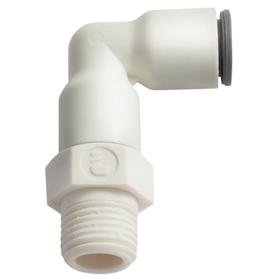10MM 1/2 BSPT MALE LIQUIFIT STUD ELBOW - 1/2" BSP Taper Male x 10mm Outside Diameter, Liquifit Leak-free Push-in Metric Tube Fitting, 90Â° Stud Swivel Elbow, Plastic, Working Temperature -10Â°C to +95Â°C, Maximum Working Pressure 16 bar, Parker Legris