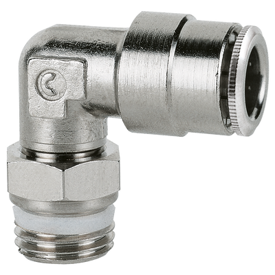 05MM OD X 1/8" BSP MALE STUD ELBOW - 1/8" BSP Parallel Male x 5mm Outside Diameter, Super-Rapid Push-in Fitting, 90Â° Stud Swivel Elbow, Nickel Plated Brass, Working Temperature -10Â°C to +60Â°C, Maximum Working Pressure 16 bar, Camozzi