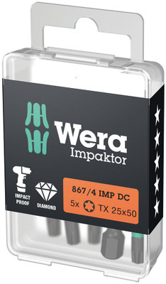 Wera 867/4 IMP DC TORX® DIY Impaktor bits 5 x TX 40x50mm - High quality bits for recessed TORX® screws Wera 867/4 IMP DC TORX® DIY Impaktor bits 5 x TX 40x50mm - High quality bits for recessed TORX® screws