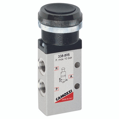 1/8 3/2 PUSH BUTTON GREEN - G1/8" BSP Parallel Female, 3/2 Way Normally Closed, Push Button, Monostable, Series 3 Manually Operated, Green Button, Flow 700 NI/min, Maximum Working Pressure 10 Bar, Camozzi