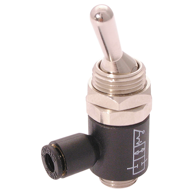 6MMX1/8" 2/2 MANUALLY OPERATED VALVE - 1/8" BSP Parallel Male x 6mm Outside Diameter, 2/2 Switch Operated, 90Â° Pilot Operated Vent Fitting, Working Temperature -10Â°C to +80Â°C, Maximum Working Pressure 10 bar, Parker Legris