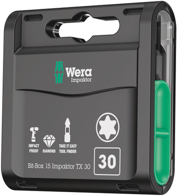 Wera Bit-Box 15 Impaktor TX 15 x TX 30x25mm - High quality bits for recessed TORX® screws in a practical Bit-Box Wera Bit-Box 15 Impaktor TX 15 x TX 30x25mm - High quality bits for recessed TORX® screws in a practical Bit-Box