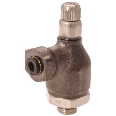 8MM X 1/8" - EXHAUST FLOW CONTROL - 1/8" BSP Parallel Male x 8mm Outside Diameter, Metal Body 90Â° Manual Flow Controller with Instant Fitting, Uni-Directional to Suit Cylinder, Working Temperature 0Â°C to +70Â°C, Maximum Working Pressure 10 bar, Parker L