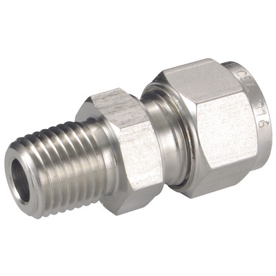 MALE CONN ISO TAPERED 8 OD 3/8 BSPT - 3/8" BSP Tapered Male x 8mm Outside Diameter, Hydraulic Twin Ferrule Metric Compression Fitting, Stud Coupling, 316 Stainless Steel, Panam