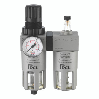 1/2" BSPP Filter/Regulator + Lubricator - 1/2" BSP Parallel Female, Filter/Regulator + Lubricator, Semi-Auto Drain, Complete with Mounting Bracket and Gauge, Plastic Guarded Bowl, 10 Micron, 5000 Litres per Minute, Working Temperature 0Â¬âˆžC to +60Â¬âˆžC