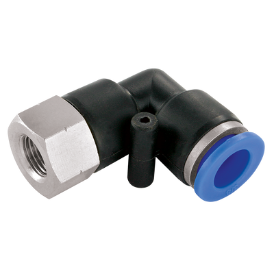 12mm x 1/2" NPT Female Elbow - 1/2" NPT Female x 12mm Outside Diameter, Pneumatic One Touch Plastic Push-in Metric Tube Fitting, 90Â° Stud Swivel Elbow, Plastic/Brass Nickel Plated, Working Temperature 0Â°C to +60Â°C, Maximum Working Pressure 10 bar, Kelm