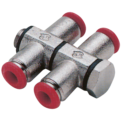 DOUBLE BANJO ASS. 6mm x 1/4" - 1/4" BSP Parallel Male x 6mm Outside Diameter, Push-in Fitting, Double Banjo Tee Assembly, 4 Outlets, Brass, Working Temperature -18Â°C to +70Â°C, Maximum Working Pressure 20 bar, Aignep