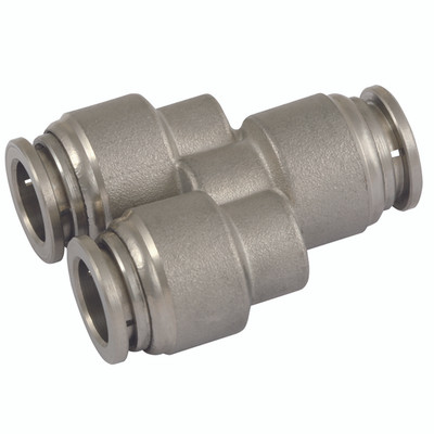 8mm Y - 8mm Outside Diameter, Pneumatic One Touch Push-in Metric Tube Fitting, Equal Tube x Tube, Y Connector, Stainless Steel, Working Temperature -20Â°C to +200Â°C, Maximum Working Pressure 10 bar, Kelm