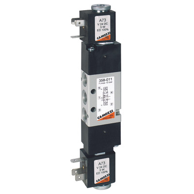 1/8 DOUBLE VALVE 12V DC 5W - G1/8" BSP Parallel Female, Series 3, Electro Pneumatically Operated Double Valve/Solenoid, 3/2 x 3/2 Normally Open, Spring Return (348),12V DC 5W, Flow 700 Ni/min, Working Temperature 0Â°C to +60Â°C, Maximum Working Pressure 1