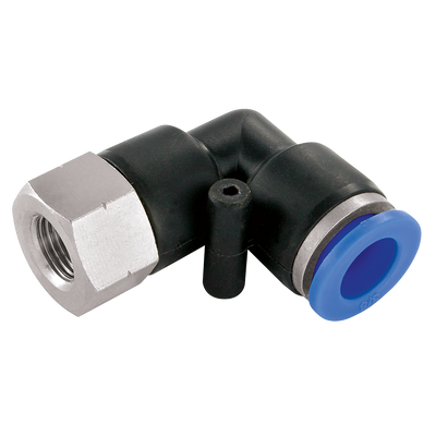 6mm x 1/8" NPT Female Elbow - 1/8" NPT Female x 6mm Outside Diameter, Pneumatic One Touch Plastic Push-in Metric Tube Fitting, 90Â° Stud Swivel Elbow, Plastic/Brass Nickel Plated, Working Temperature 0Â°C to +60Â°C, Maximum Working Pressure 10 bar, Kelm