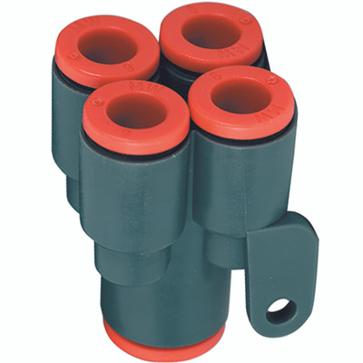 6MM INLET TO 4 X 6MM OUTLETS - 6mm Outside Diameter, Distribution Fitting, Technopolymer, Working Temperature -20Â° C to +60Â°C, Working Pressure -0