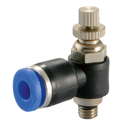6mm x M6 Speed Controller - M6 BSP Tapered Male x 6mm Outside Diameter, Pneumatic One Touch Plastic Push-in Metric Tube Fitting, Uni-Directional to Suit Cylinder, 90Â° Manual Flow Controller, Plastic/Brass Nickel Plated, Working Temperature 0Â°C to +60Â°C