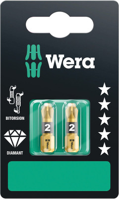 Wera 855/1 BDC SB bits 2 x PZ 2x25mm - Bits for Pozidriv* screws with tiny diamond particles on the bit tip Wera 855/1 BDC SB bits 2 x PZ 2x25mm - Bits for Pozidriv* screws with tiny diamond particles on the bit tip