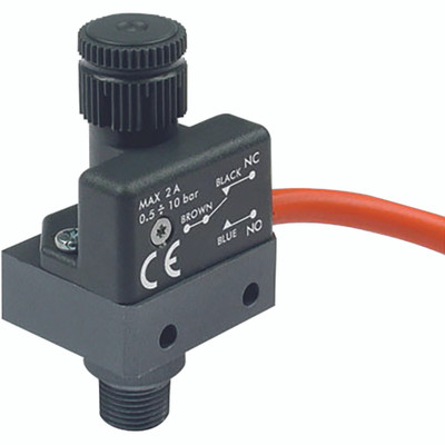 1/8  2A NO/NC PRES SWITCH 2M CABLE - 1/8" BSP Parallel Male Adjustable Pressure Switch with 2 Metre Cable, Maximum Working Temperature +50Â°C, Maximum Working Pressure 15 bar, Metal WorkAll images used are for illustrative purposes only