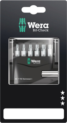 Wera Bit-Check 7 TX Universal 1 SB 1 x 1/4"x50; 1 x TX 10x25; 1 x TX 15x25; 1 x TX 20x25; 1 x TX 25x25; 1 x TX 30x25; 1 x TX 40x25mm - 6 Wera TORX® bits tidily arranged in a minimum of space in a practical Bit-Check