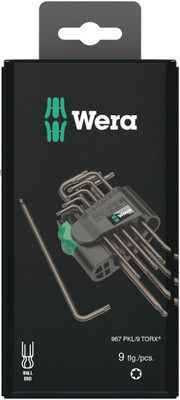 Wera 967/9 TX 1 SB TORX® L-key set, BlackLaser 1 x TX 9x79; 1 x TX 10x85; 1 x TX 8x76; 1 x TX 15x90; 1 x TX 20x96; 1 x TX 25x104; 1 x TX 27x112; 1 x TX 30x122; 1 x TX 40x132mm - High quality L-key set for recessed TORX® screws
