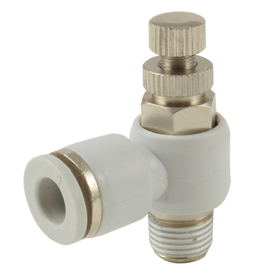1/8" BSPT Male x 6mm OD Speed Control Valve - 1/8" BSP Tapered Male x 6mm Outside Diameter, One Touch+ Plastic Push-in Metric Tube Fitting, Uni-Directional to Suit Cylinder, 90° Manual Flow Controller, Plastic/Brass Nickel Plated, Working Temperature 0 1/8" BSPT Male x 6mm OD Speed Control Valve - 1/8" BSP Tapered Male x 6mm Outside Diameter, One Touch+ Plastic Push-in Metric Tube Fitting, Uni-Directional to Suit Cylinder, 90° Manual Flow Controller, Plastic/Brass Nickel Plated, Working Temperature 0