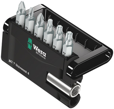 Wera Bit-Check 7 Universal 4 1 x 1/4"x50; 1 x PH 2x25; 1 x PZ 1x25; 1 x PZ 2x25; 1 x TX 15x25; 1 x TX 20x25; 1 x TX 25x25mm - 1 universal bit holder with stainless steel sleeve and strong permanent magnet, 6 bits, tough (Z), for universal use
