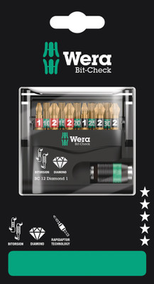 Wera Bit-Check 12 Diamond 1 SB 1 x 1/4"x50; 1 x PH 1x25; 2 x PH 2x25; 1 x PZ 1x25; 2 x PZ 2x25; 1 x TX 10x25; 1 x TX 15x25; 1 x TX 20x25; 1 x TX 25x25; 1 x TX 30x25mm - 1 bit holder Rapidaptor with quick-release chuck, 11 BiTorsion bits for long service l