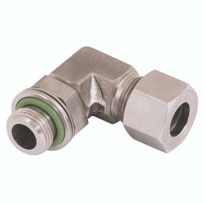 1/4" BSP x 8mm Outside Diameter Elbow - 1/4" BSP Parallel Male x 8mm Outside Diameter, DIN 2353 Compression , Male x Tube, Light Duty, Compact Adjustable Elbow, Stainless Steel, Viton Seal, Maximum Pressure 315 bar, PH IndustrieAll images used are for